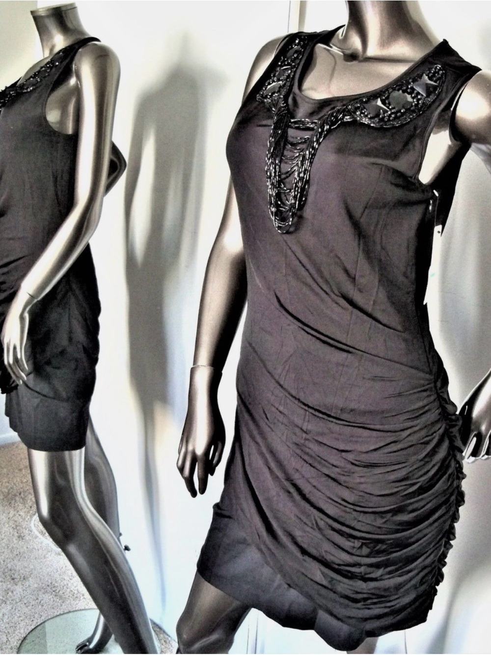 Laundry By Shelli Segal Black Beaded Sleeveless Ruched Mini Dress
